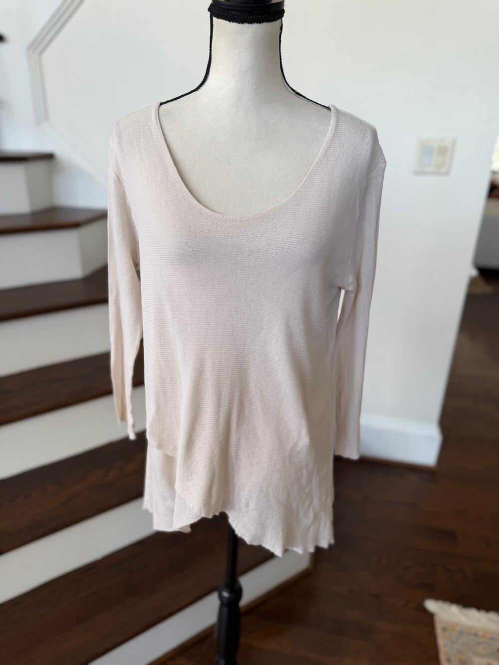 Cut Loose Light Beige Long Sleeve Mesh Scoop Neck Raw Hem Asymmetric Blouse